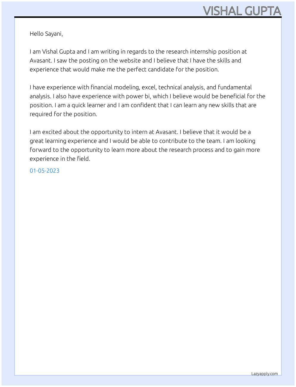Research internship  At Avasant  Cover Letter