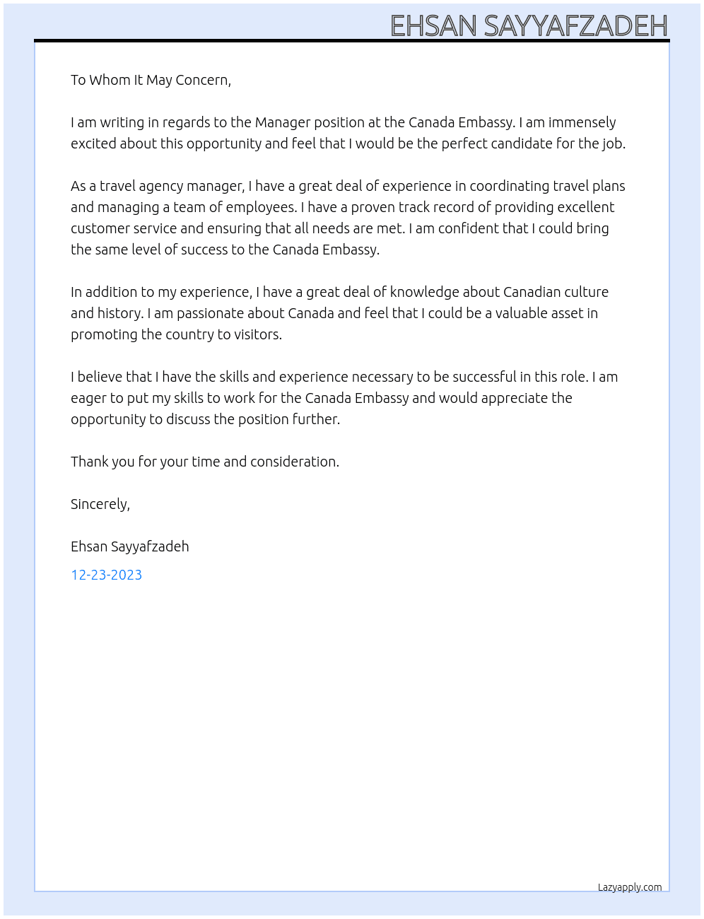 Manager At Canada Travel Agency Cover Letter