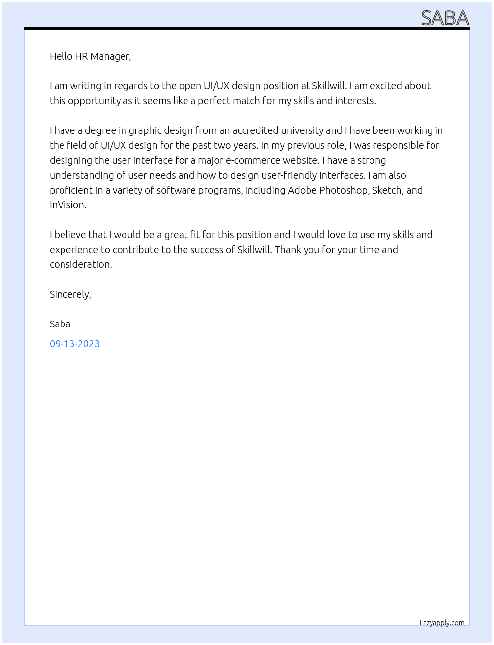 UI/UX design At skillwill Cover Letter