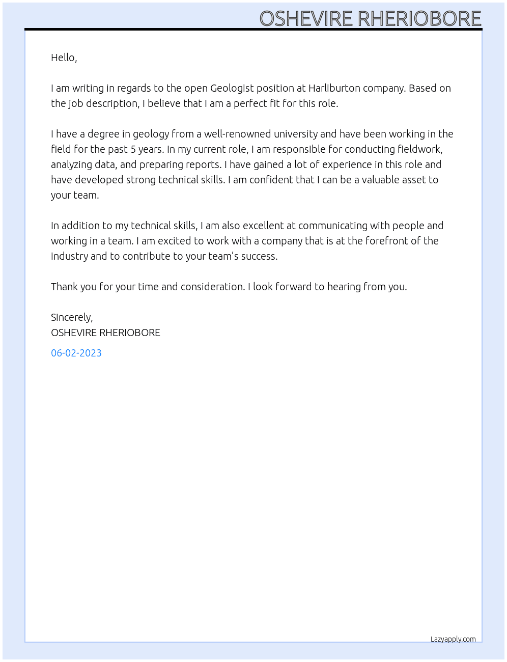 Geologist  At Harliburton company  Cover Letter