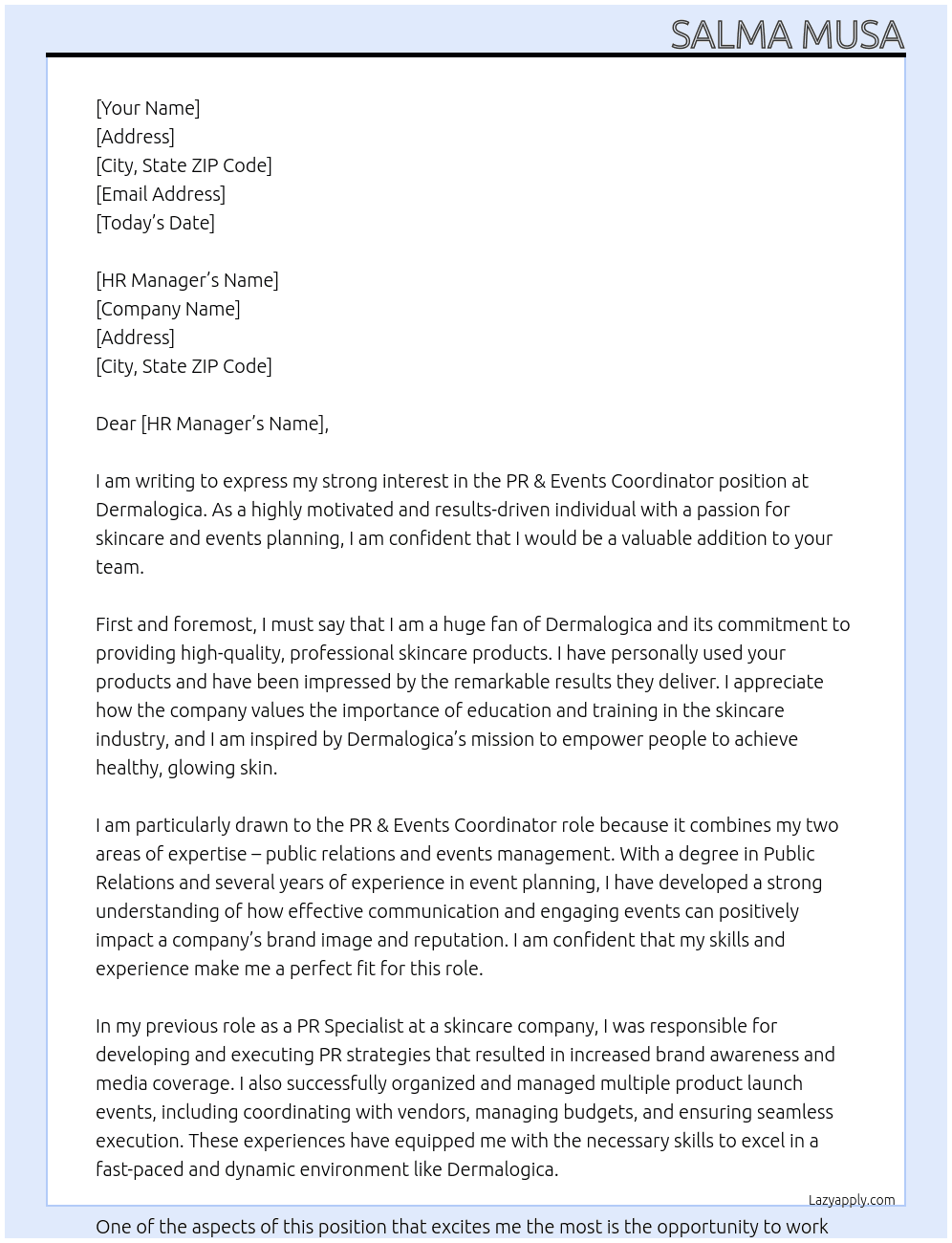 PR & Events Coordinator At Dermalogica Cover Letter