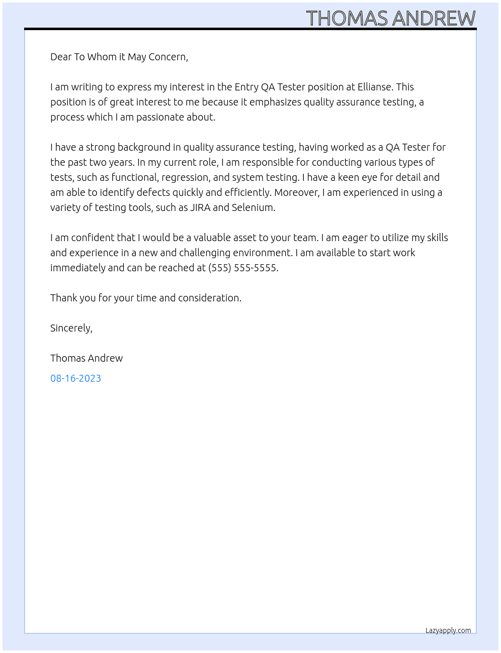 Entry QA Tester At Ellianse Cover Letter