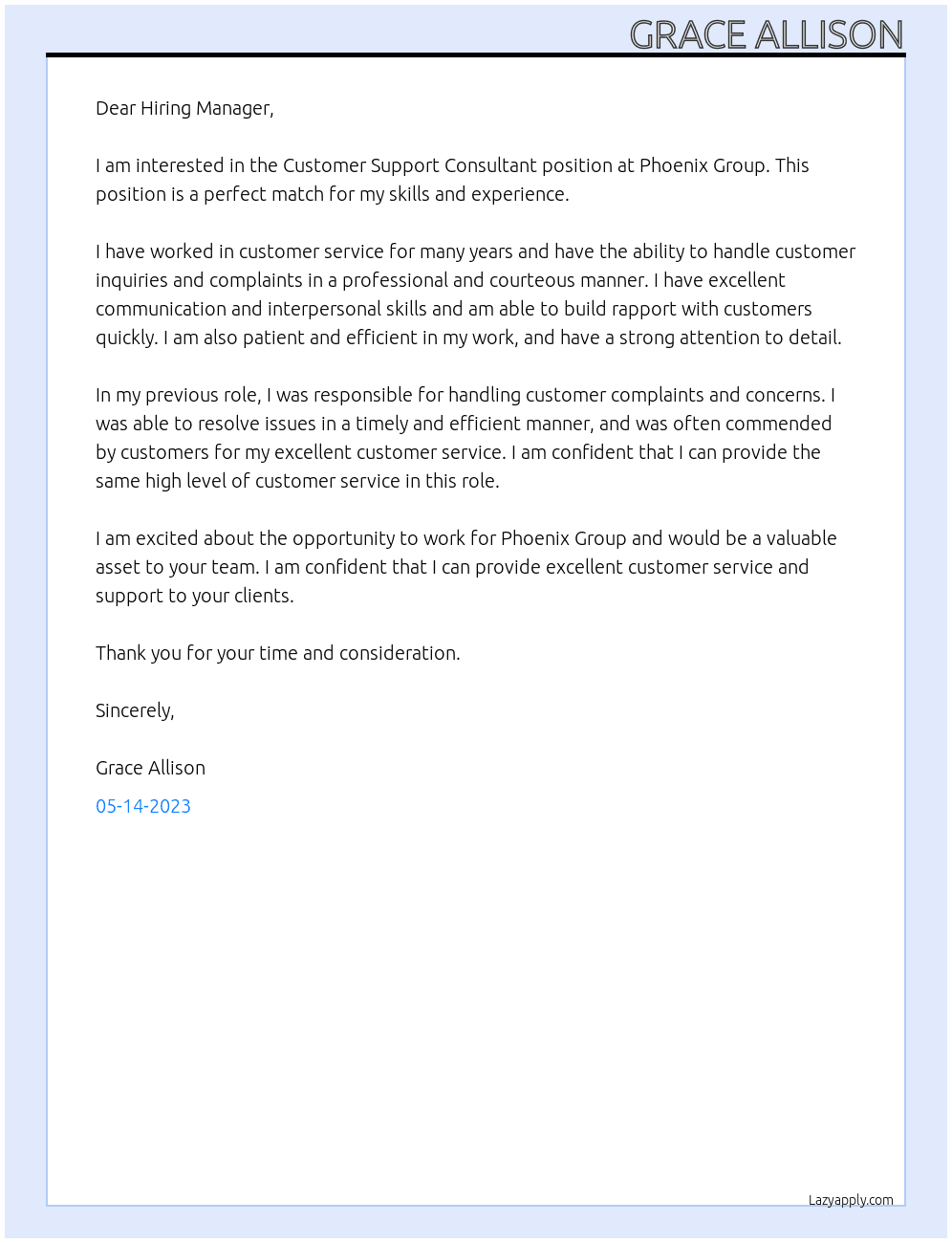 Customer Support Consultant At Phoenix Group Cover Letter
