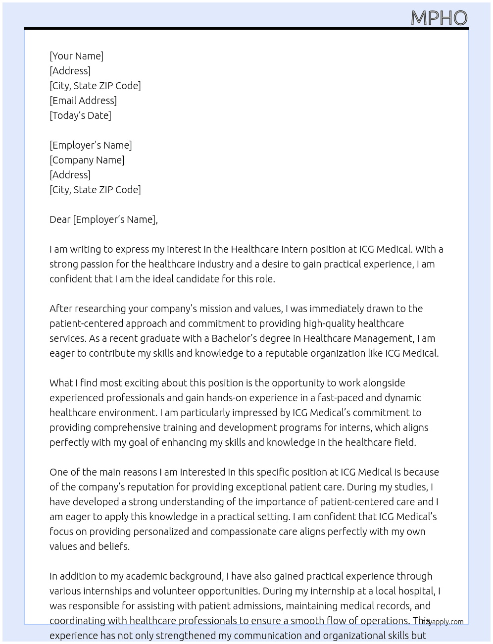 Healthcare intern At ICG Medical Cover Letter
