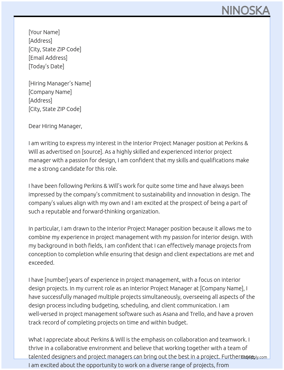 Cover letter for interior project manager - LazyApply