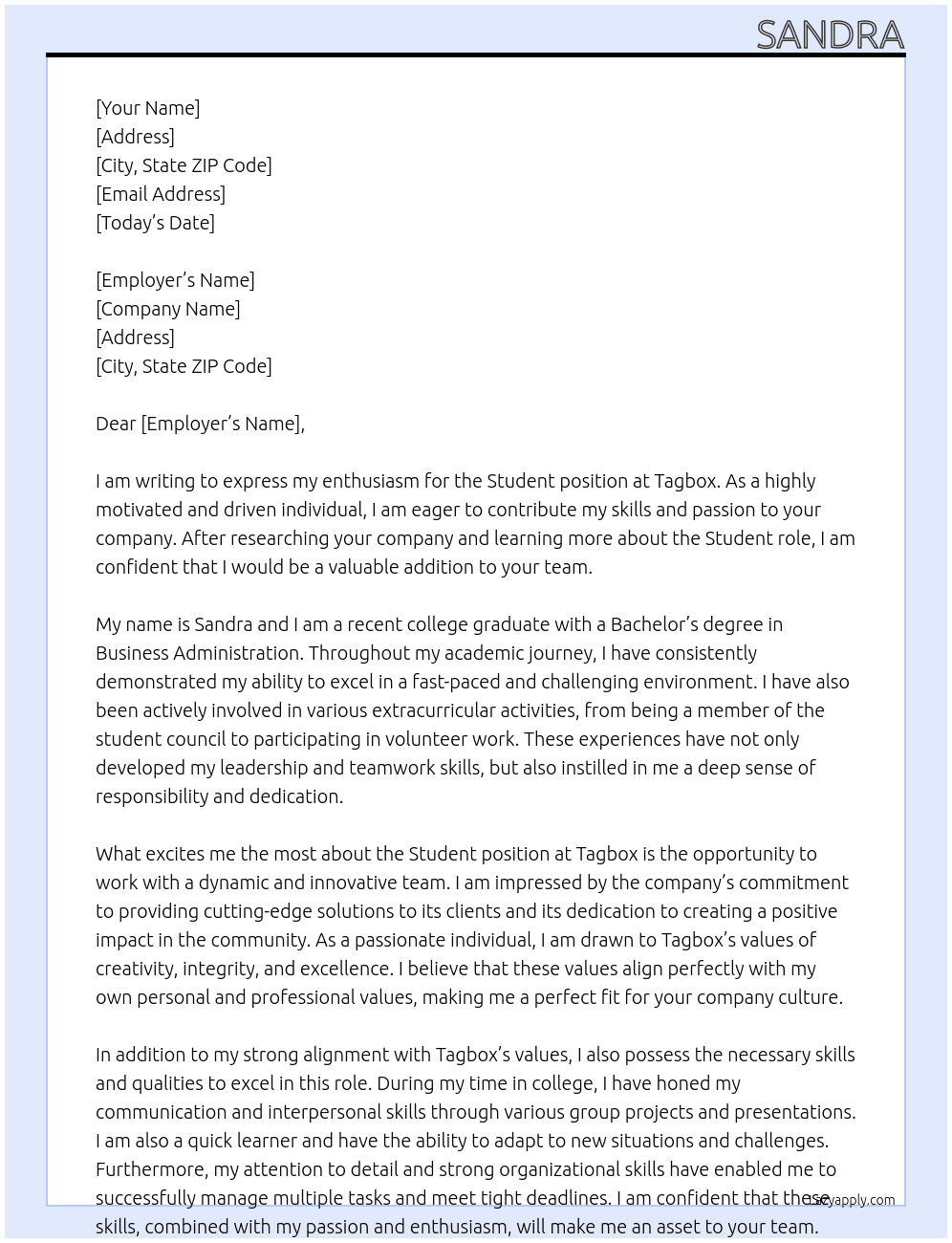 student At tagbox Cover Letter