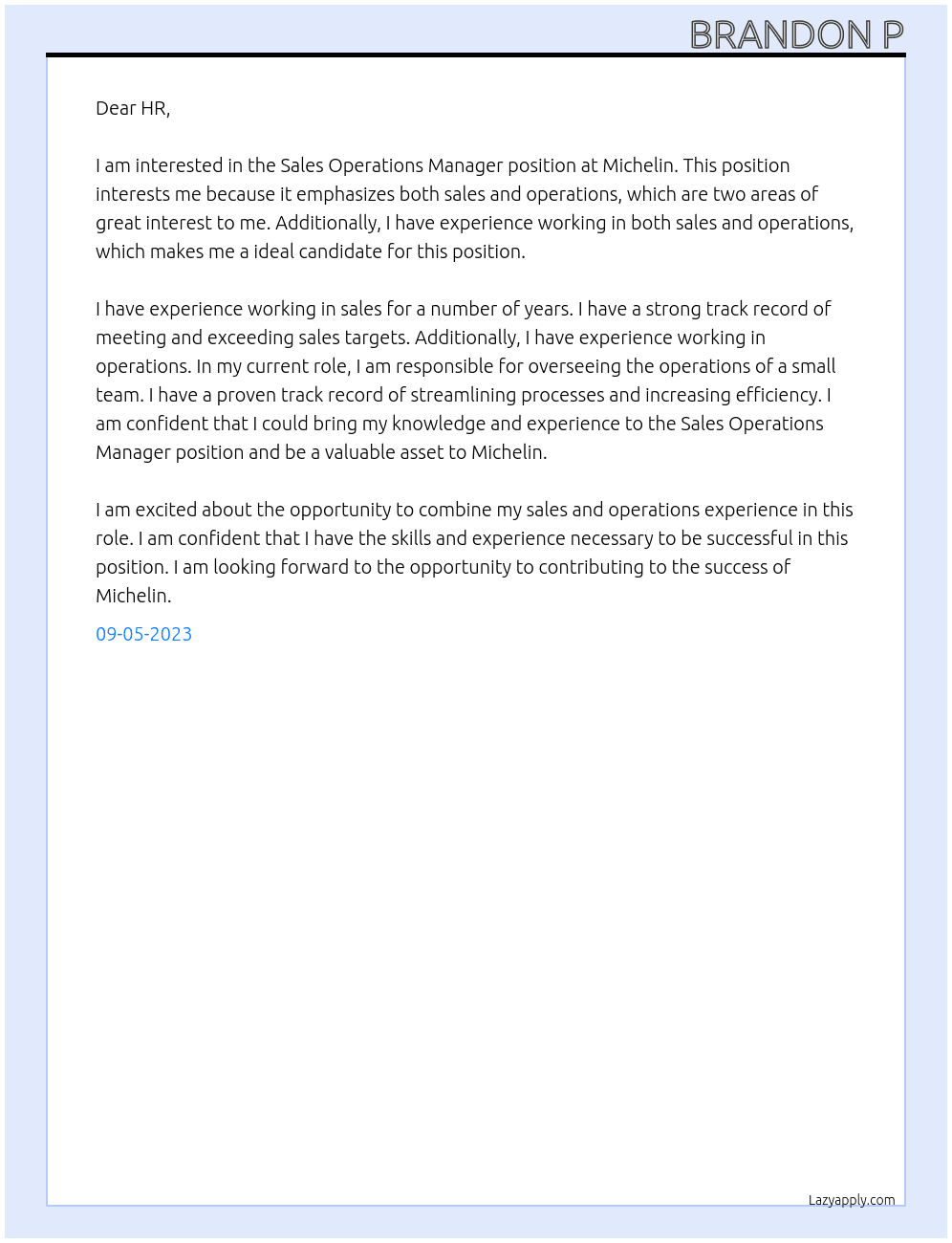 Sales Operations Manager  At Michelin Cover Letter