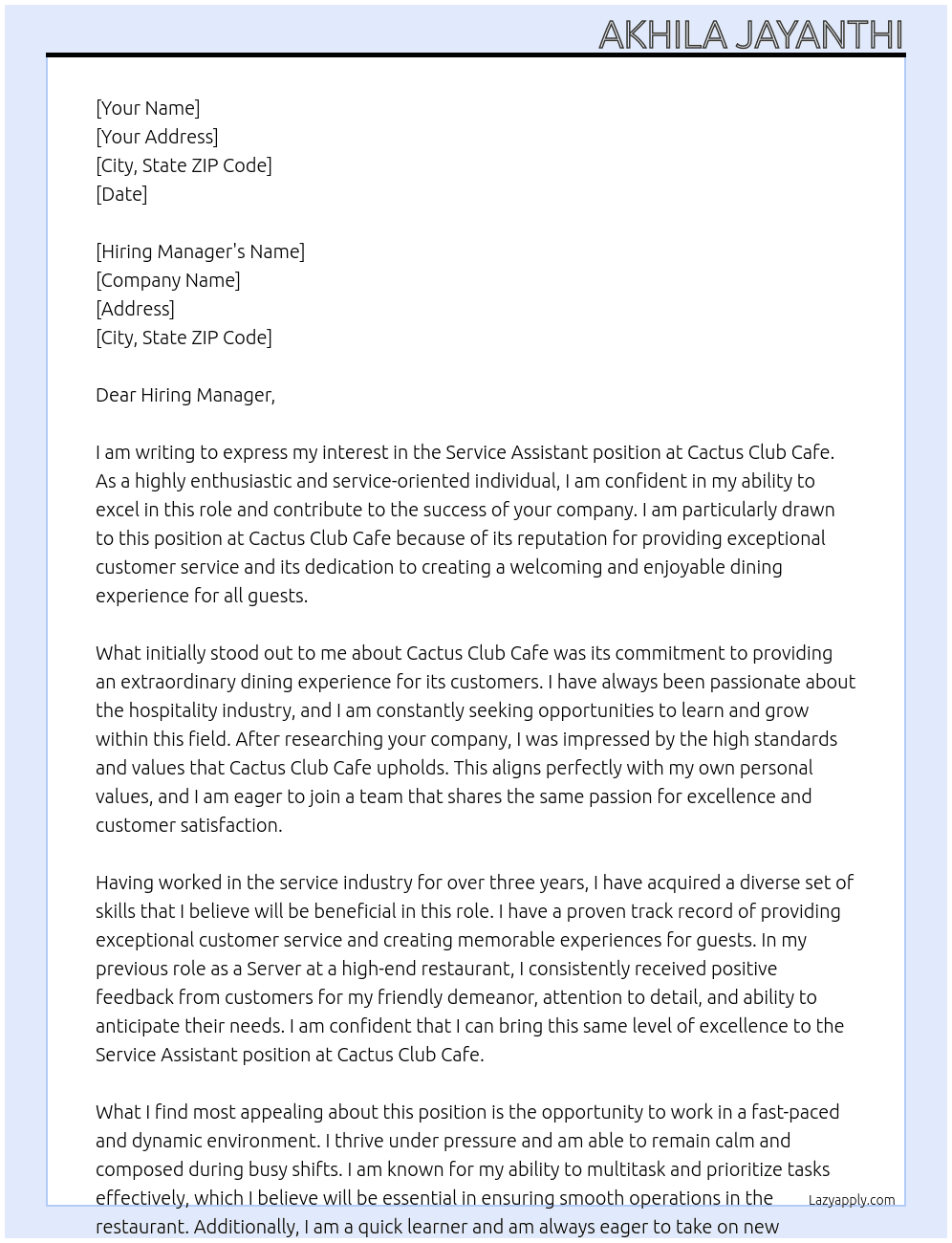 Service Assistant At Cactus Club Cafe Cover Letter