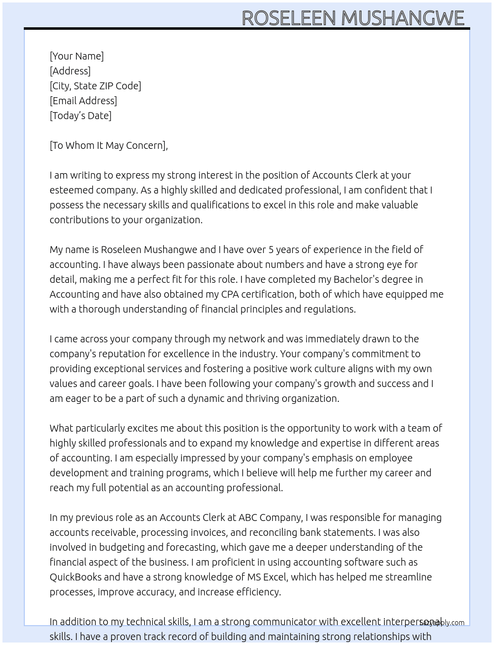 Accounts clerk  At Not mentioned Cover Letter