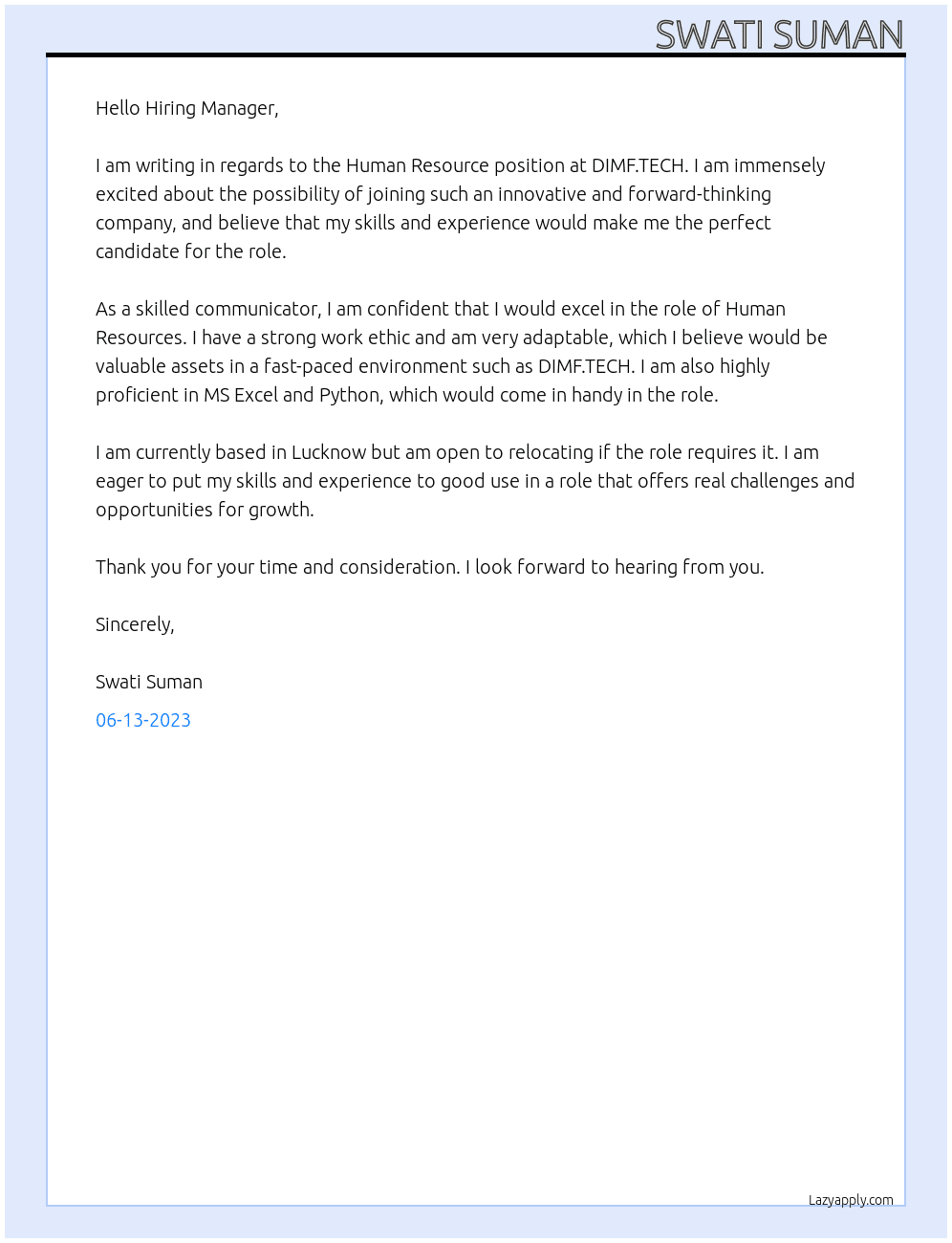 Human resource  At DIMF.TECH Cover Letter