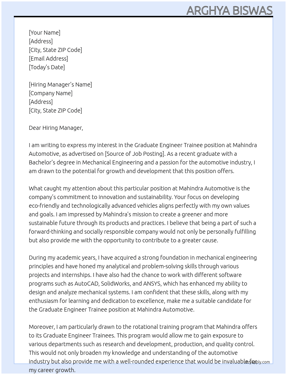 Graduate Engineer Trainee At Mahindra Automotive  Cover Letter