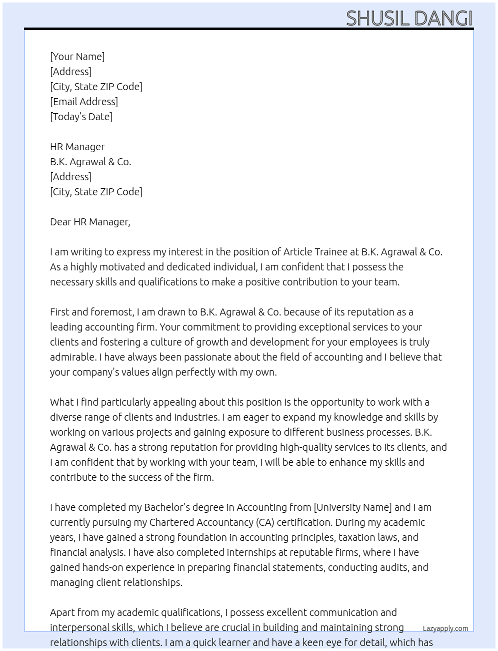 Article Trainee At B.K. Agrawal & Co. Cover Letter