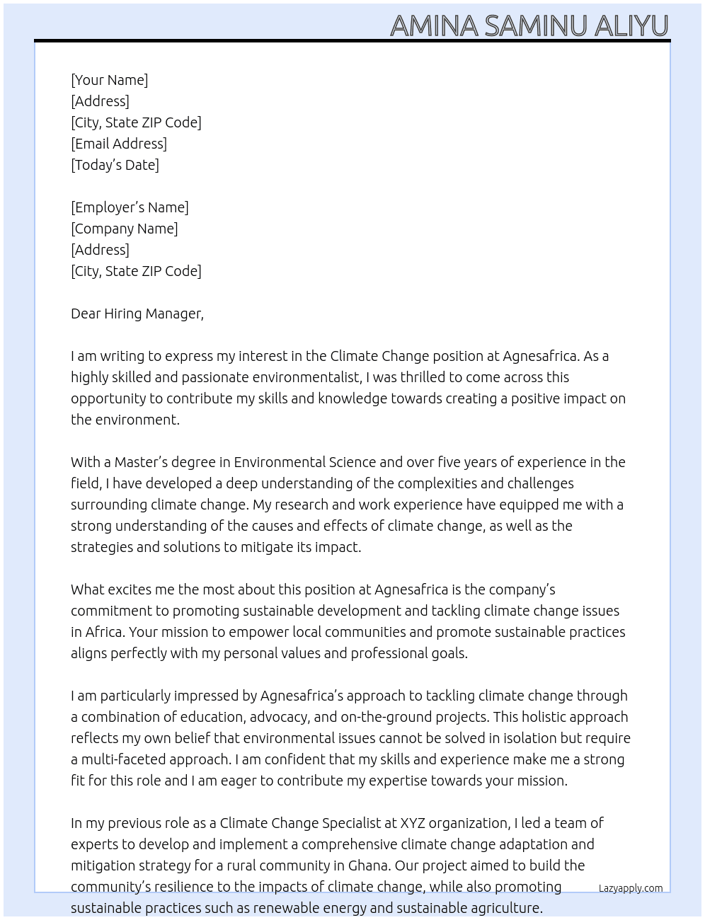 Climate change  At Agnesafrica Cover Letter
