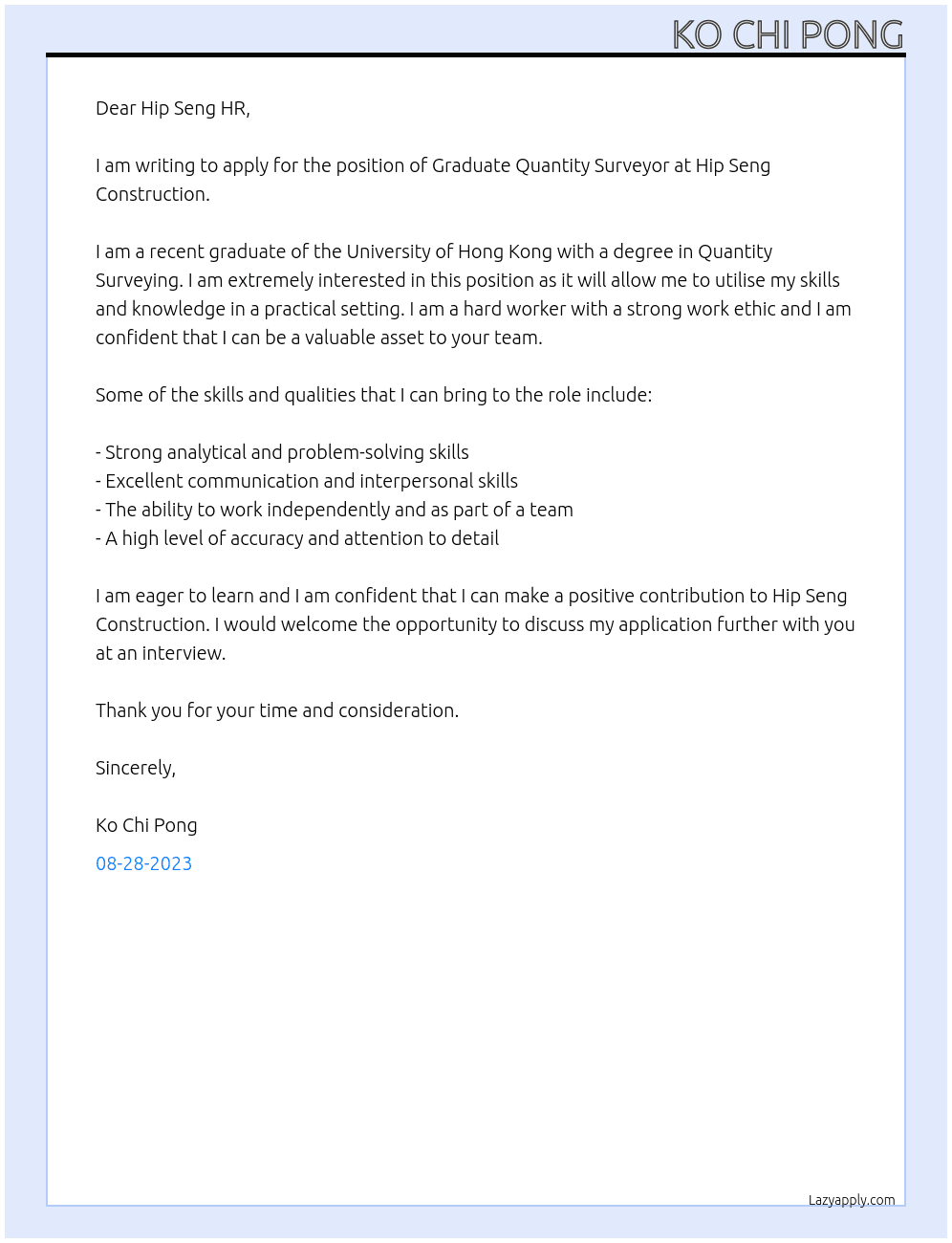 Graduate Quantity Surveyor  At Hip Seng Construction  Cover Letter