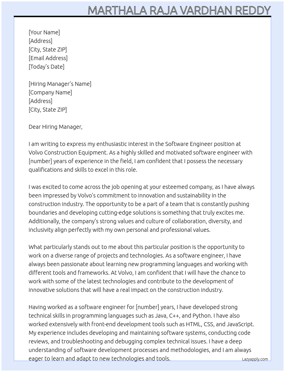 Software Engineer At  Volvo Construction Equipment Cover Letter
