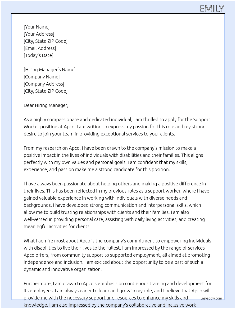 Support Worker At Apco Cover Letter