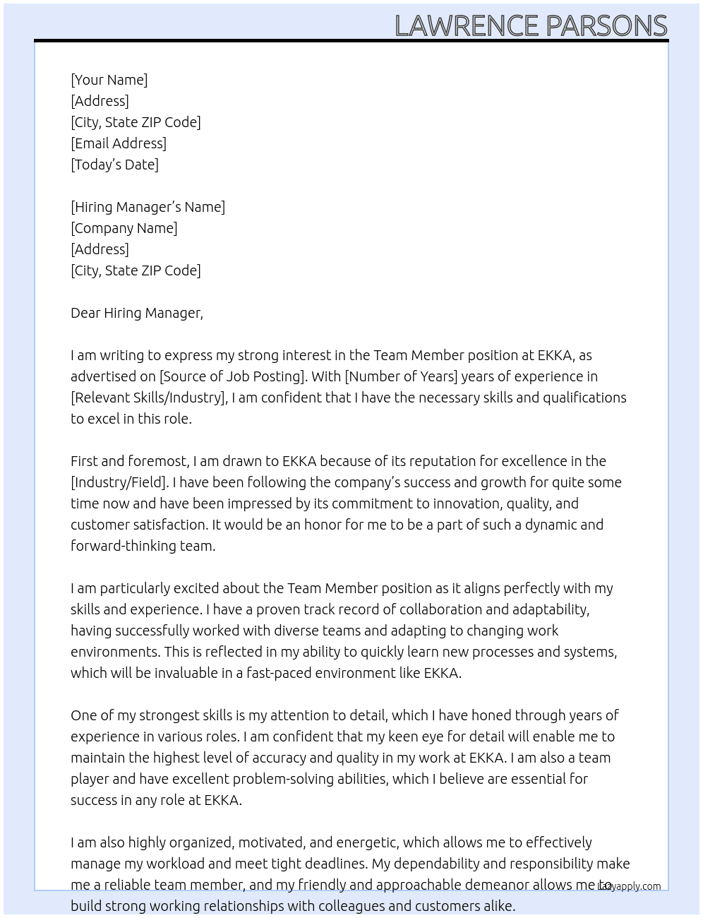 Team Member At EKKA Cover Letter
