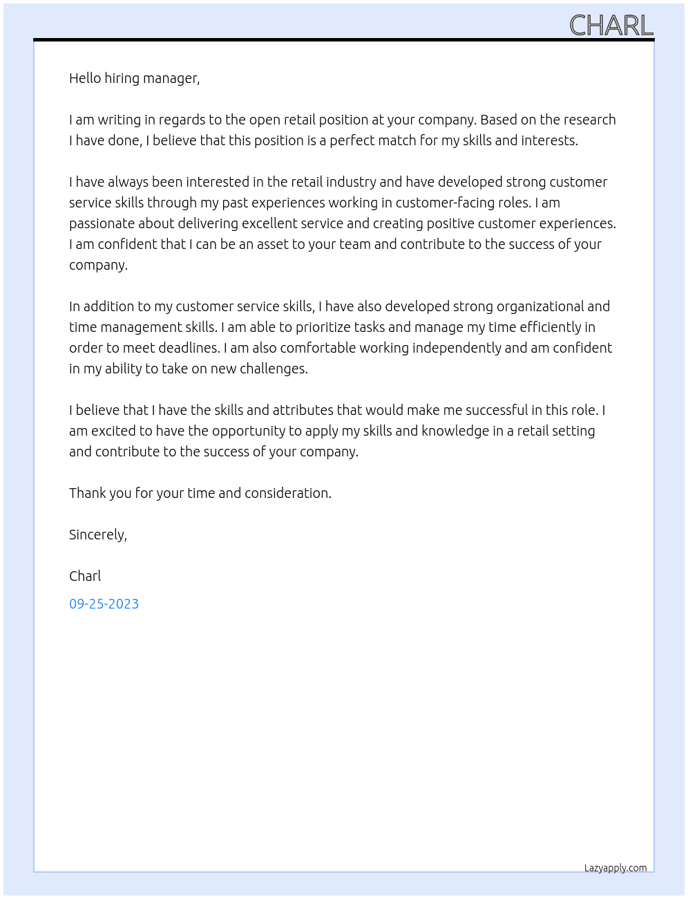 retail At charl Cover Letter