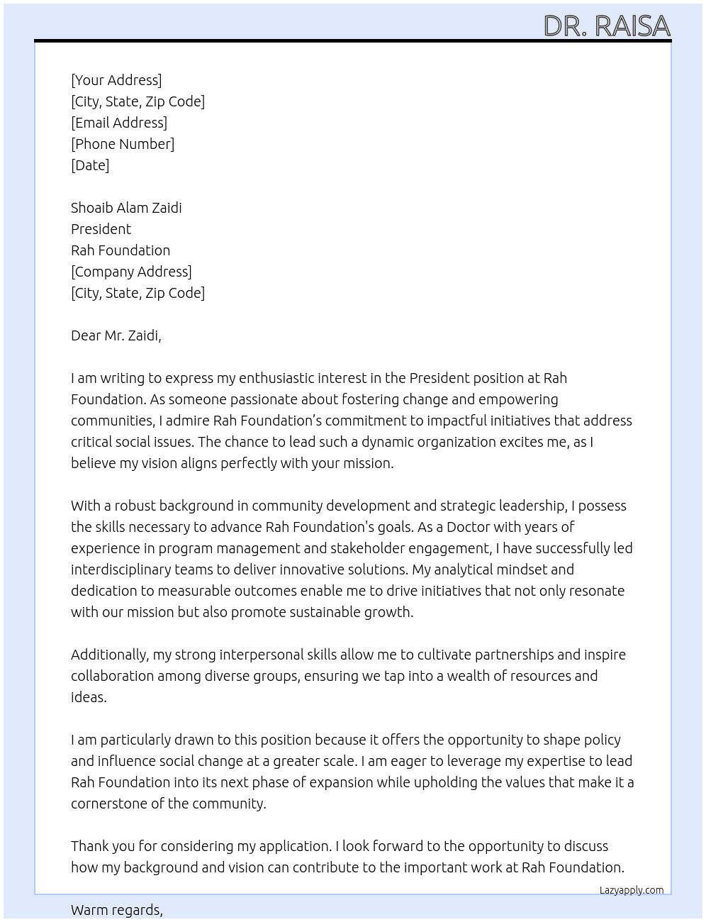 President At Rah doundation Cover Letter