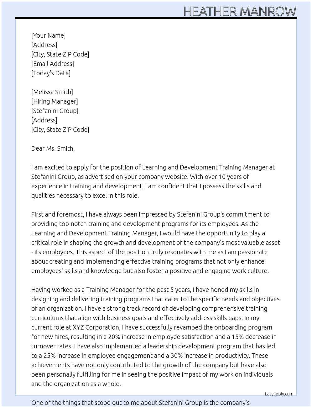 Learning and Development Training Manager At Stefanini Group Cover Letter