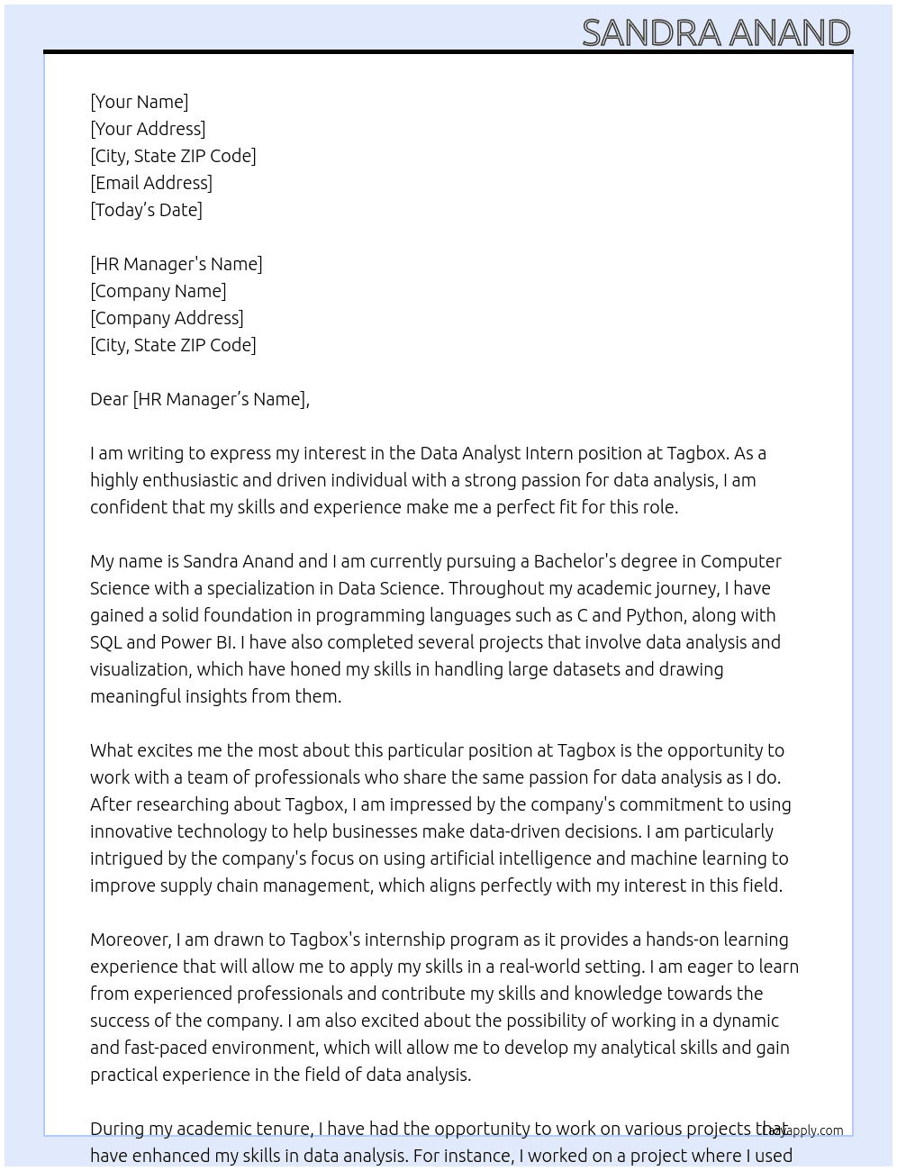 data analyst intern At tagbox Cover Letter