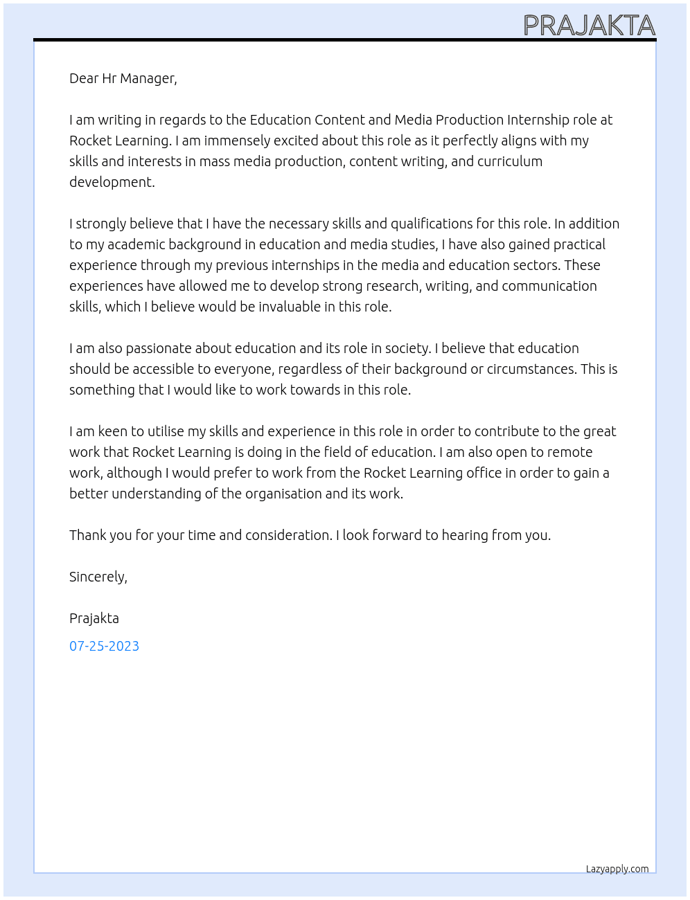 Education Content and Media Production At Rocket Learning  Cover Letter