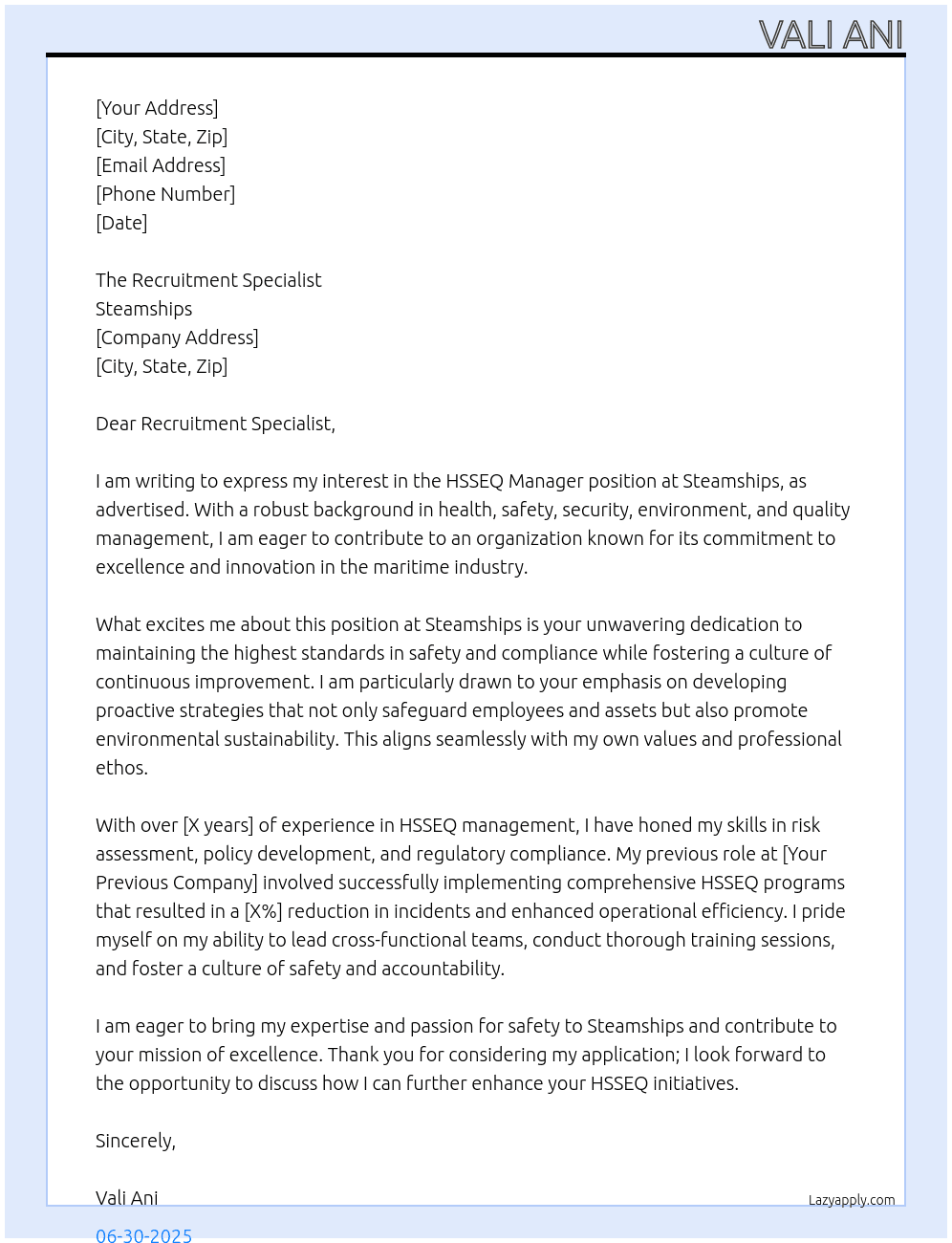 Cover letter for hsseq manager - LazyApply