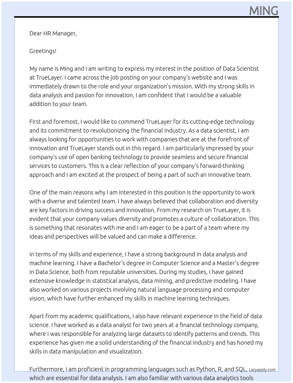 Data Scientist At TrueLayer Cover Letter