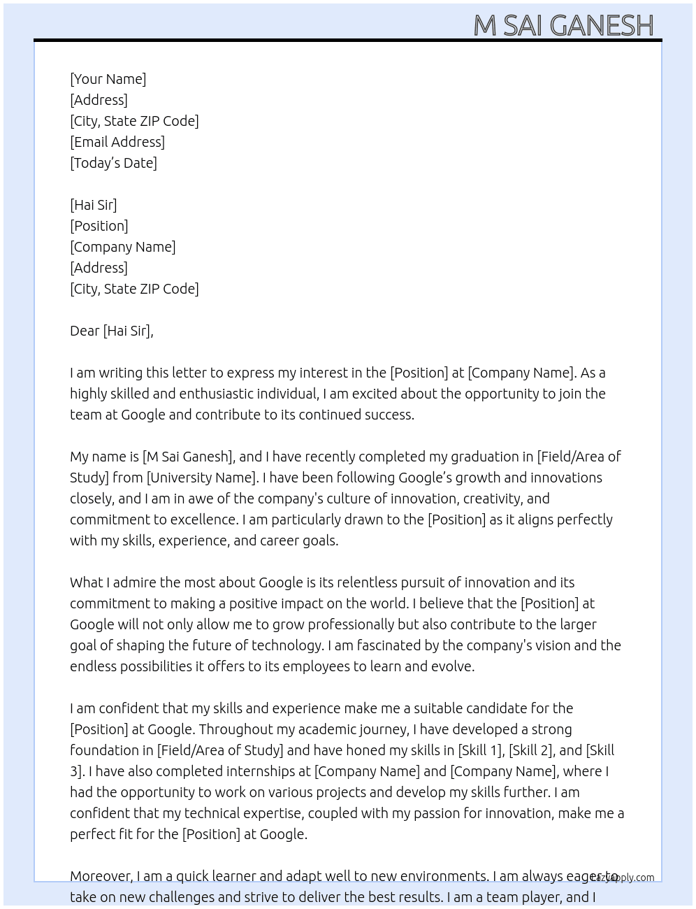 Google  At Google  Cover Letter