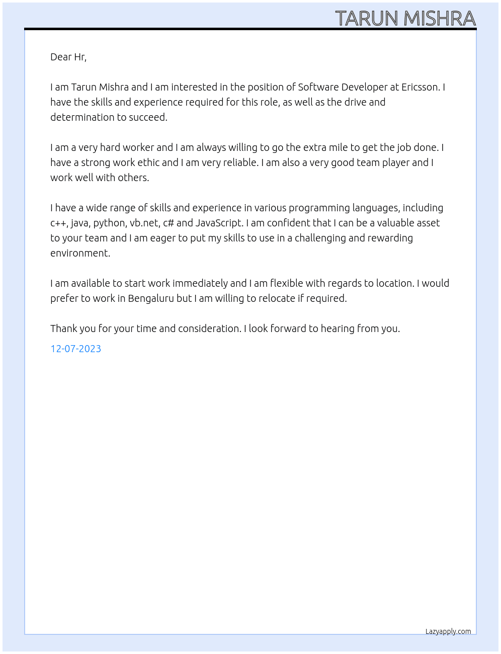 Software Developer At Ericcson Cover Letter