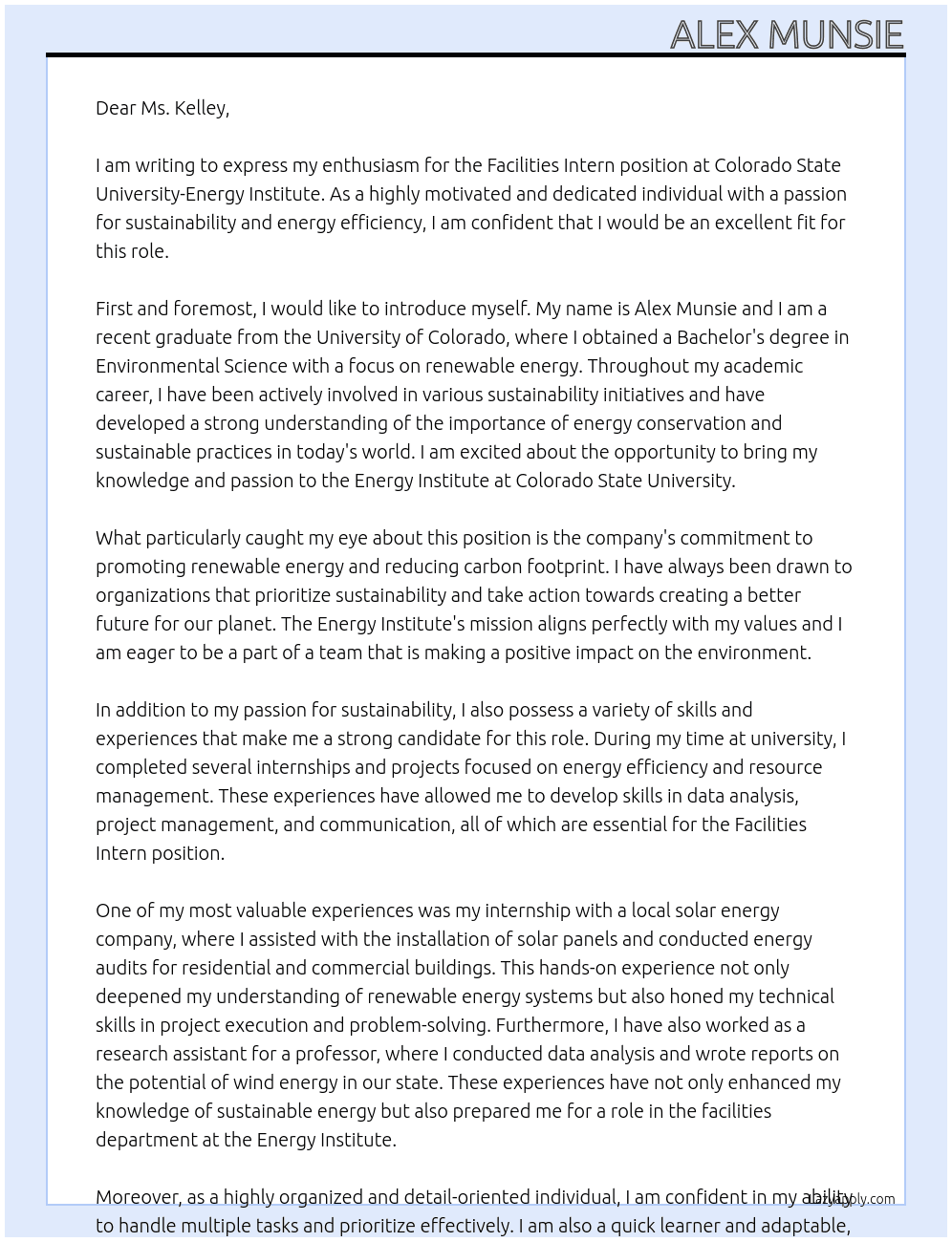 Facilities Intern At Colorado State University-Energy Institute Cover Letter