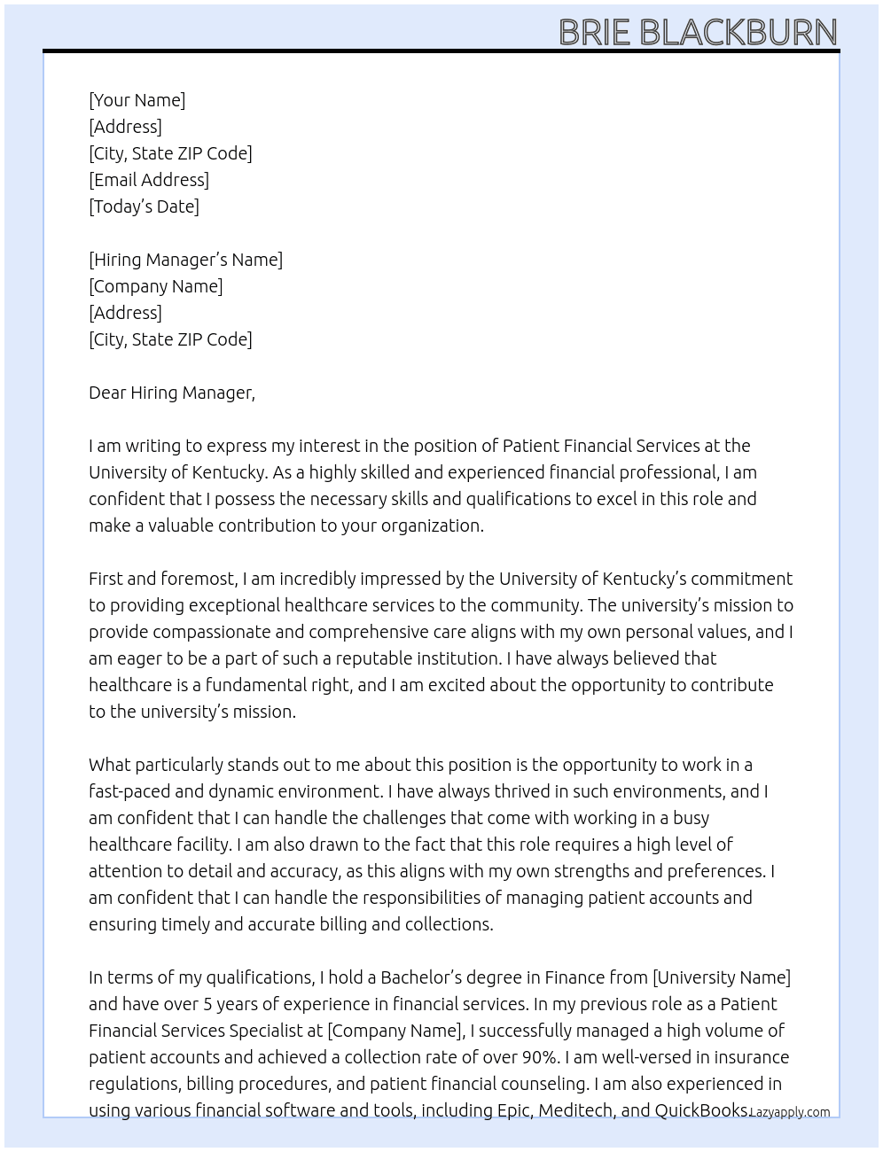 Patient Financial Services  At University of Kentucky  Cover Letter