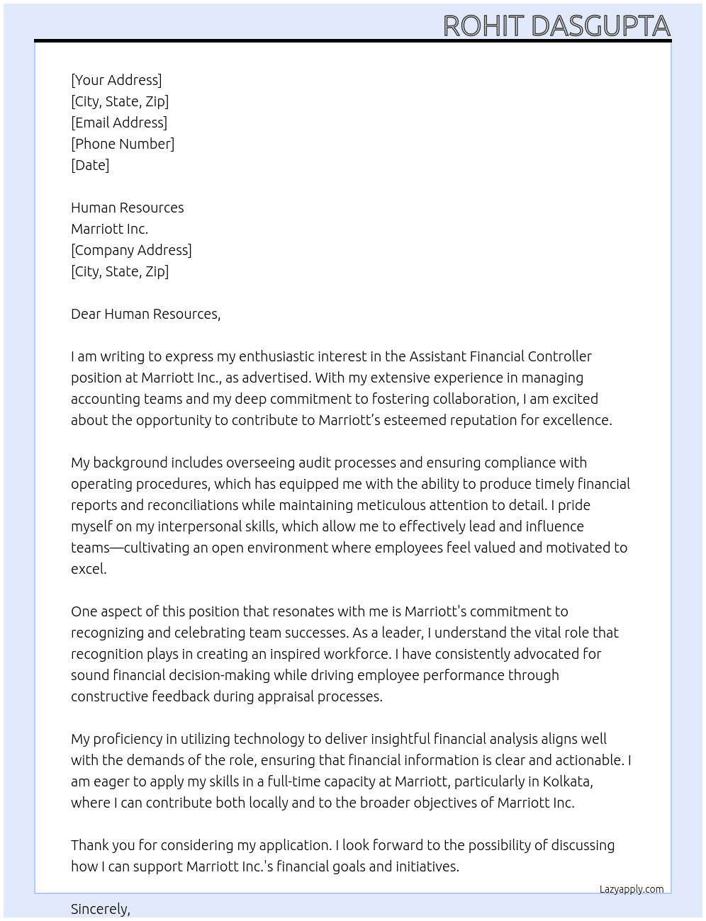 Assistant Financial Controller At mariott inc Cover Letter
