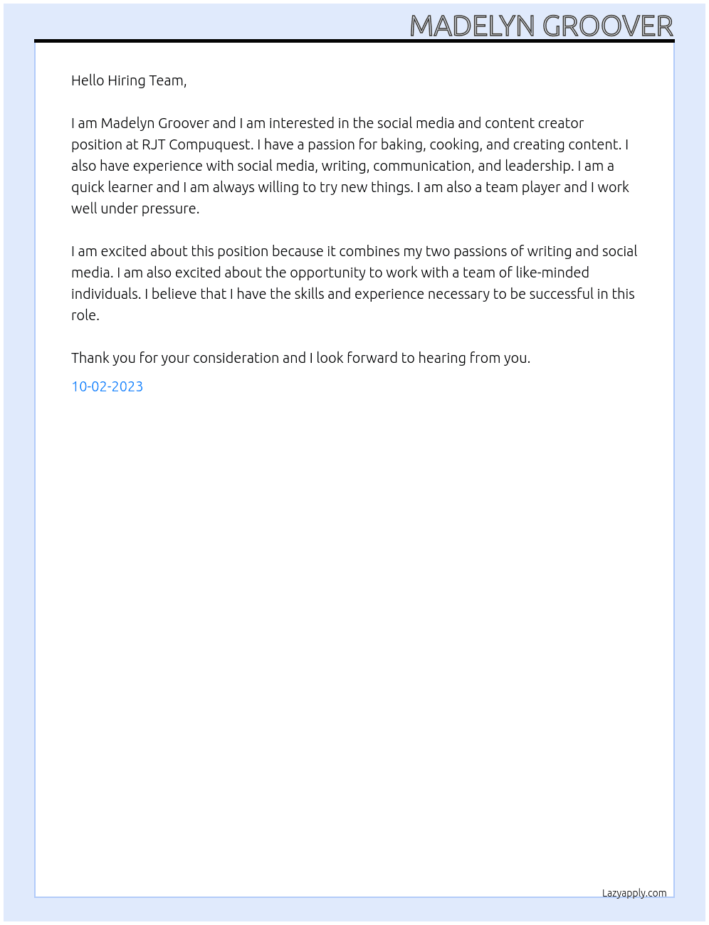 Social media and content creator At RJT Compuquest Cover Letter