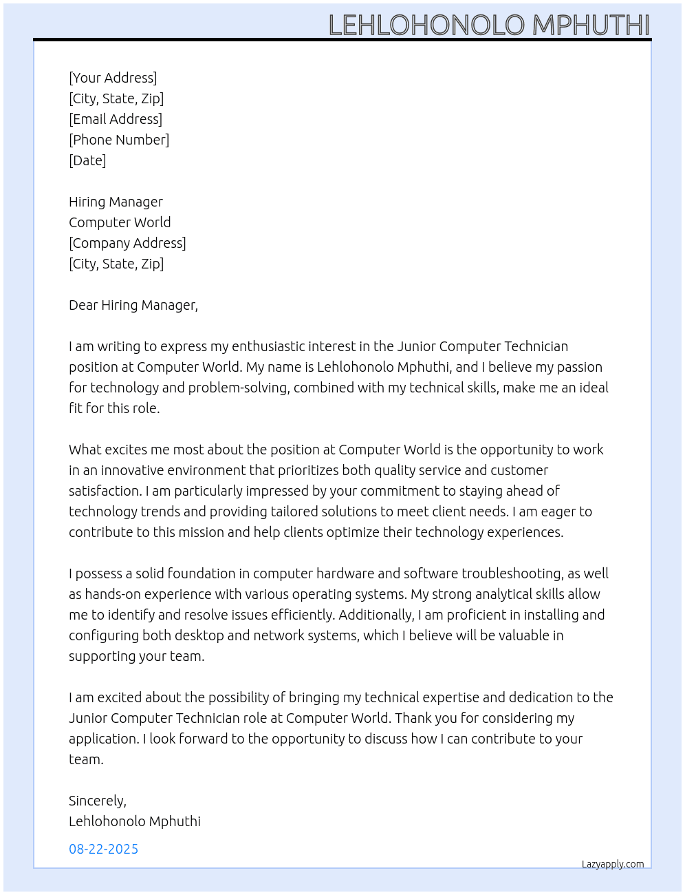 Junior Computer technician  At Computer World Cover Letter