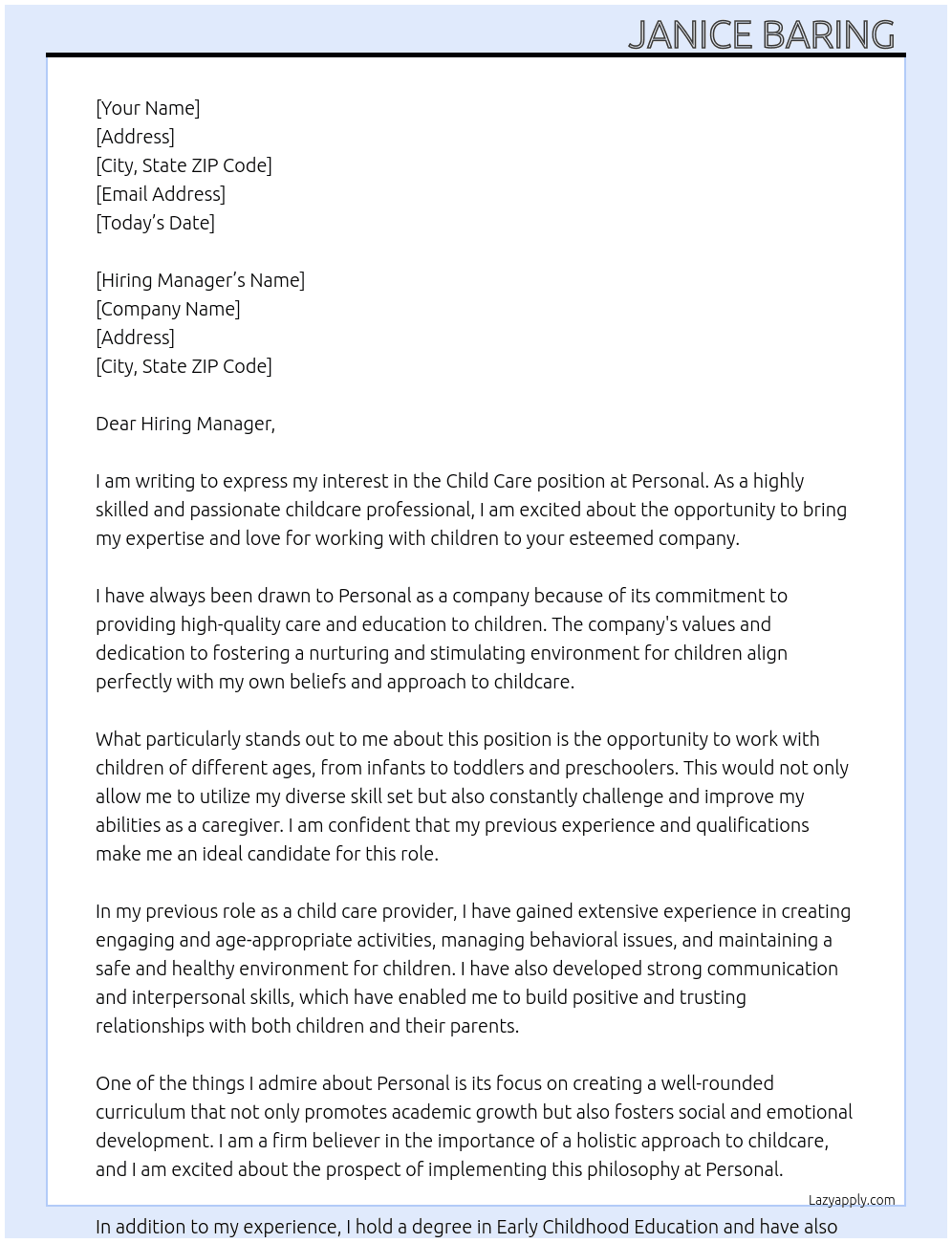Child care At Personal  Cover Letter