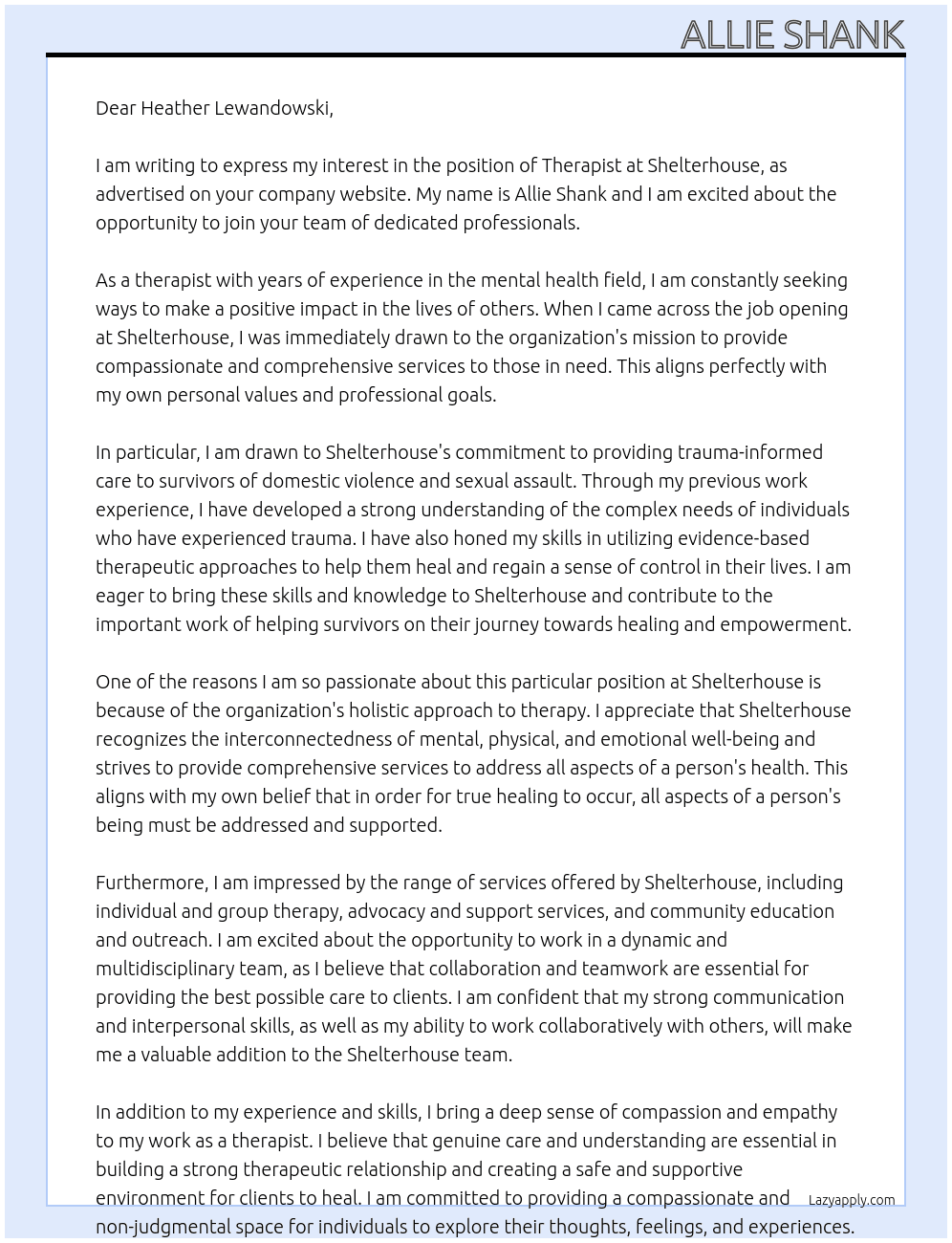 Therapist At Shelterhouse Cover Letter