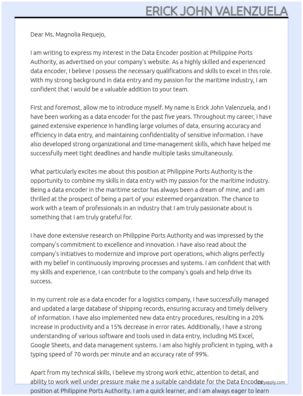 data encoder At philippine ports authority Cover Letter