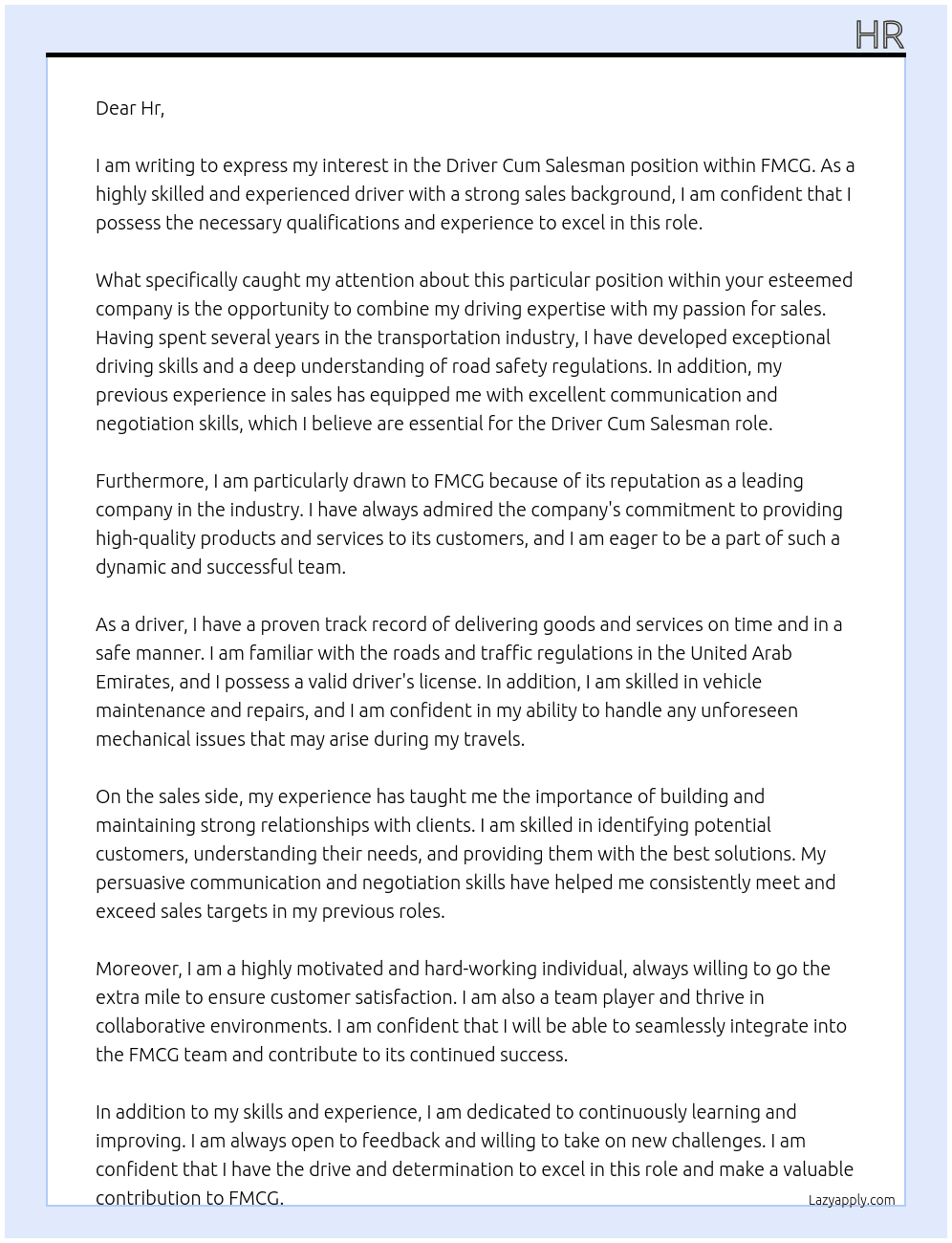 Driver Cum Salesman At FMCG Cover Letter