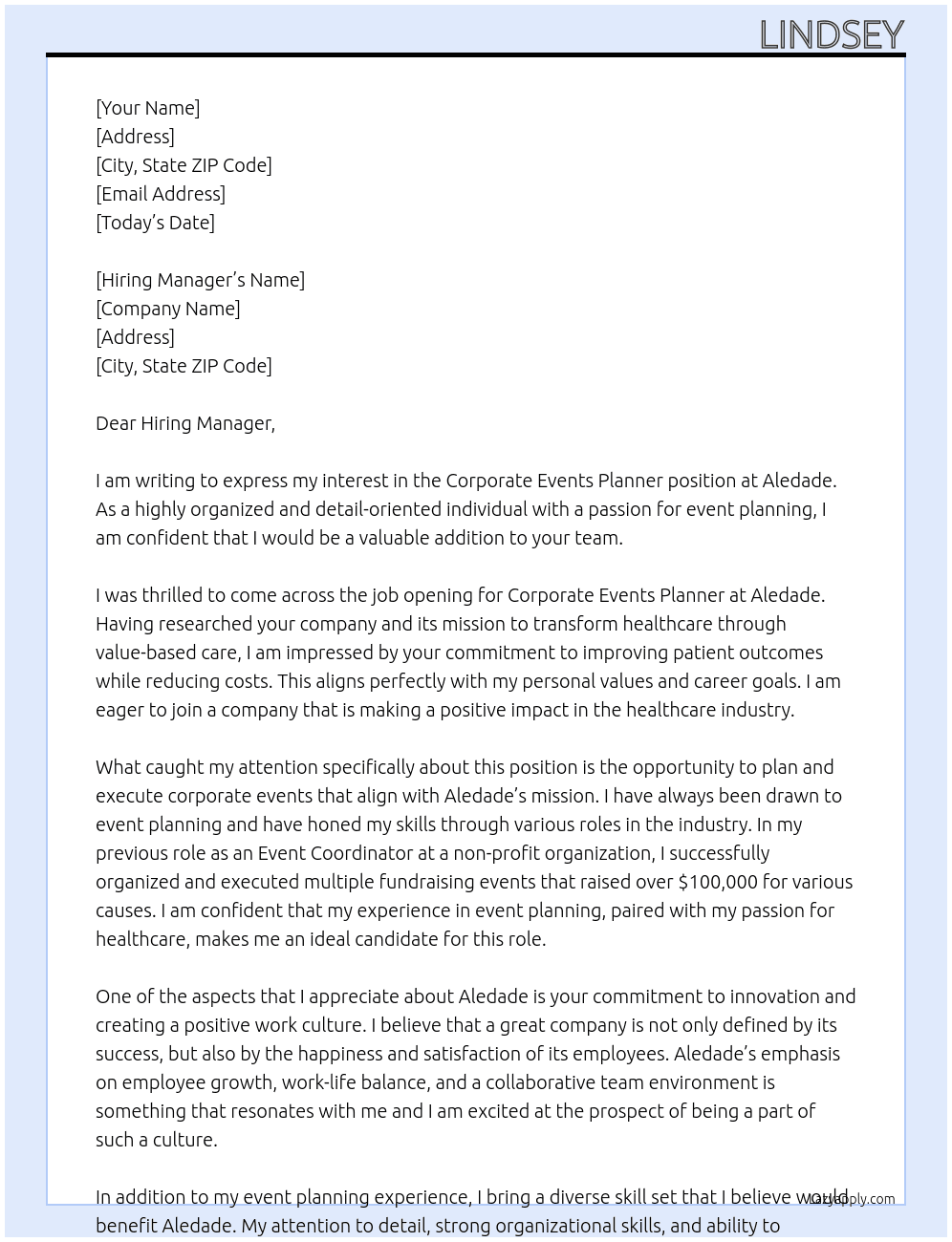 Corporate Events Planner At Aledade Cover Letter