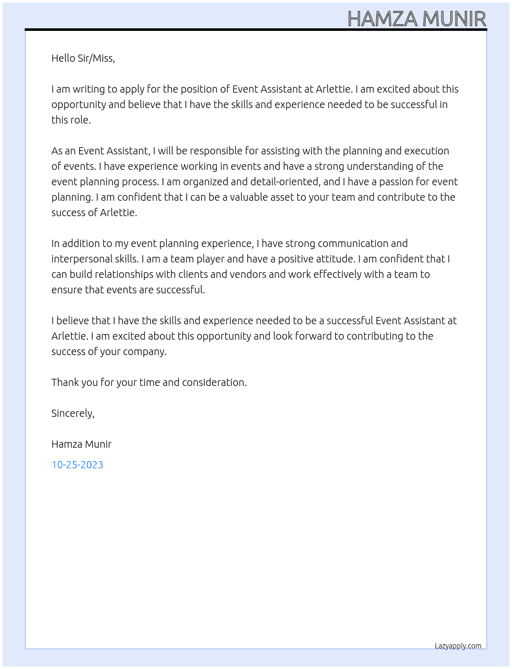 Event Assistant At Arlettie Cover Letter