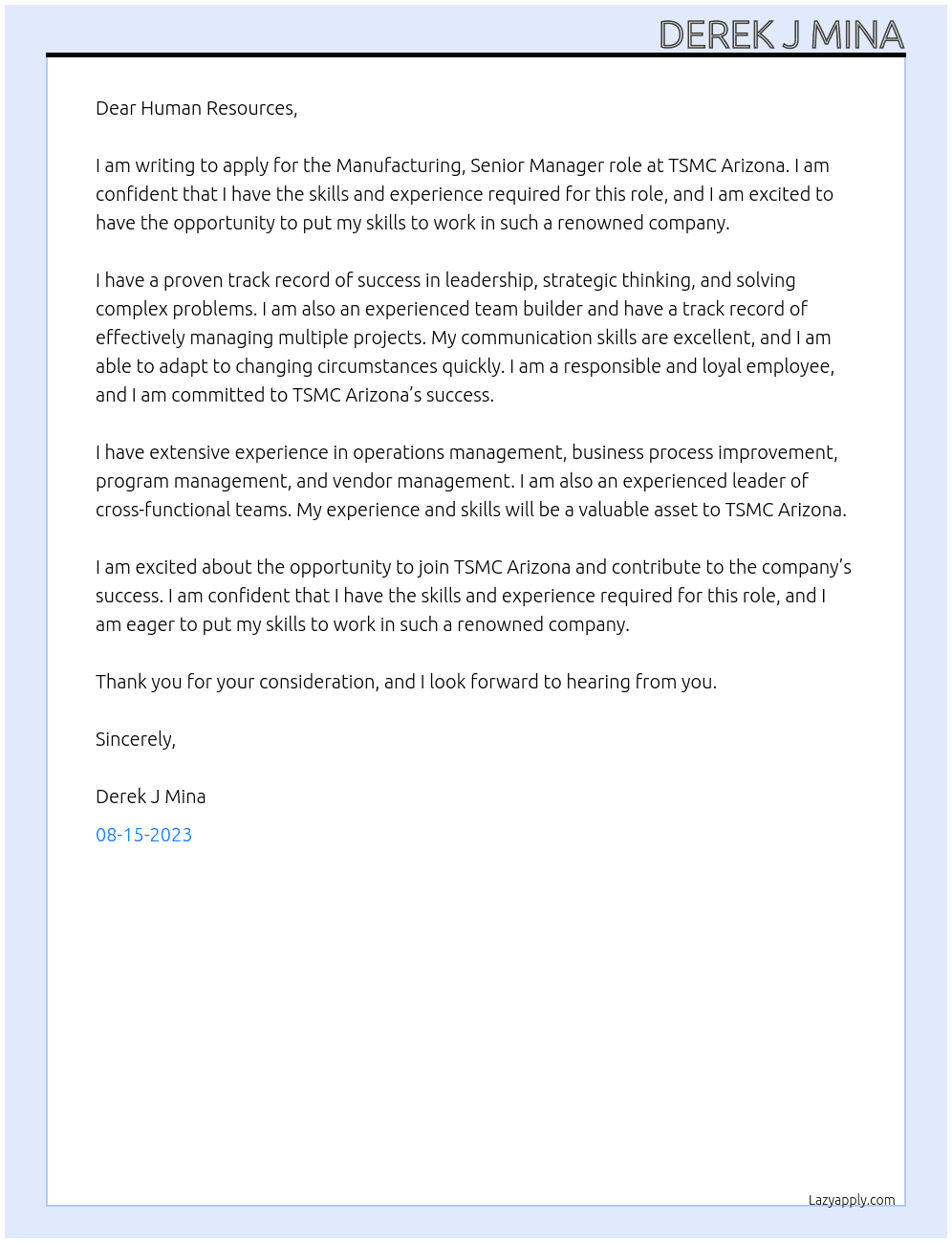 Manufacturing, Senior Manager At TSMC Arizona Cover Letter