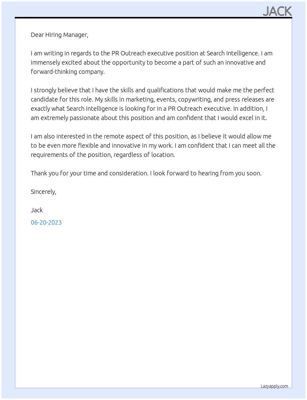 PR Outreach executive At Search Intelligence  Cover Letter