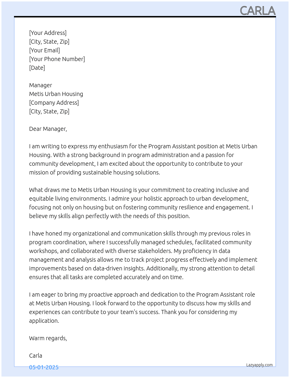 Program Assistant  At Metis Urban Housing  Cover Letter