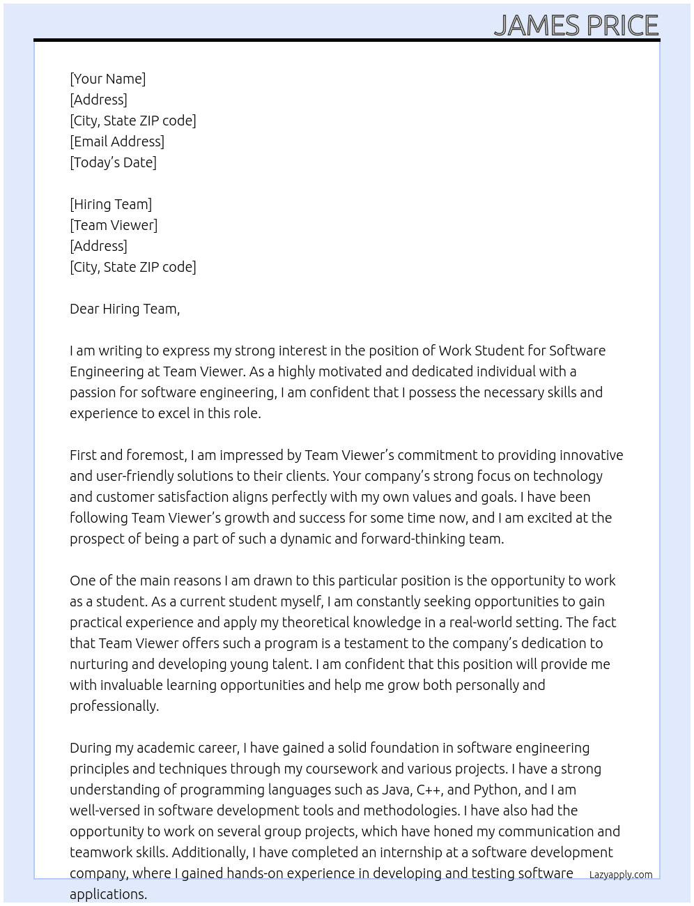 Work Student, Software Engineering At team viewer Cover Letter