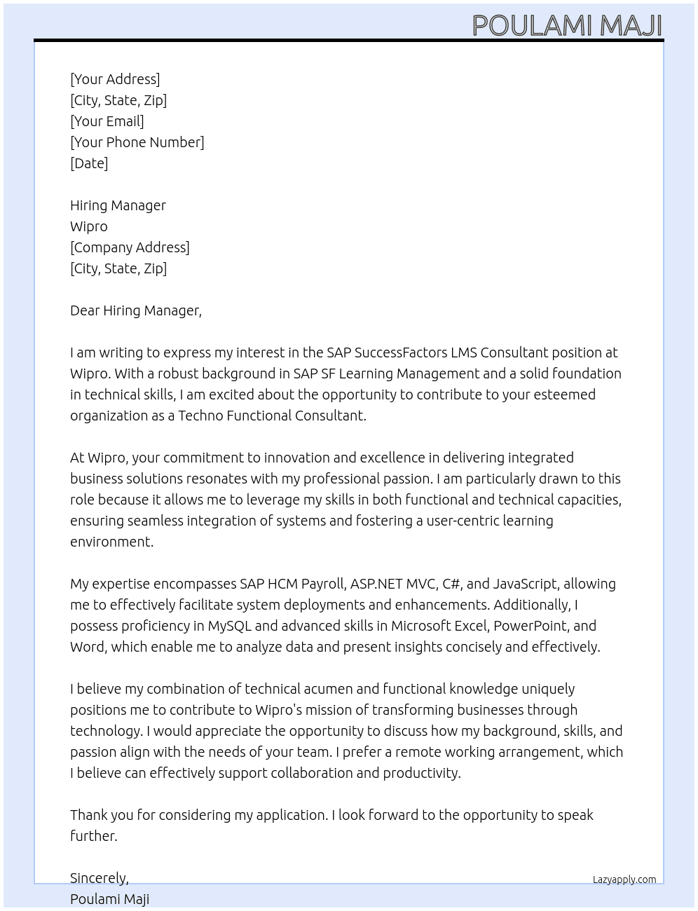 Cover letter for sap successfactors lms consultant - LazyApply