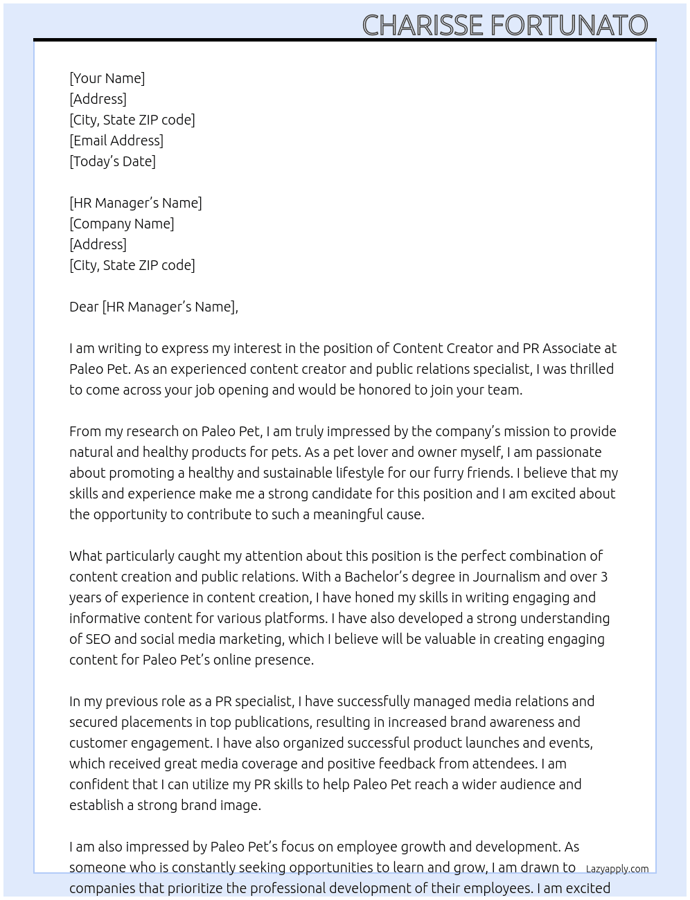 Content Creator and PR Associate  At Paleo Pet Cover Letter