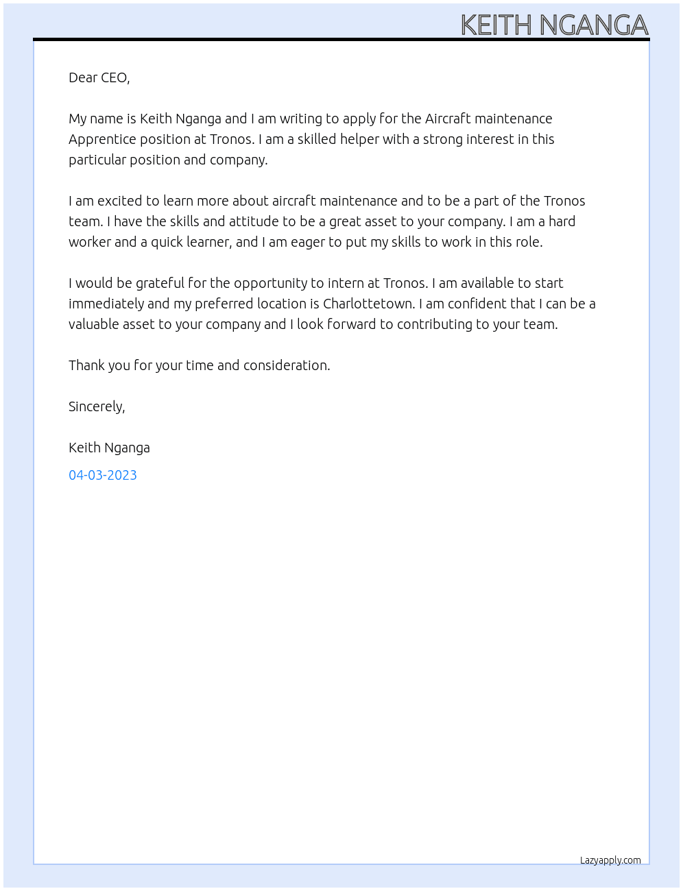 Aircraft maintenance Apprentice At Tronos Cover Letter