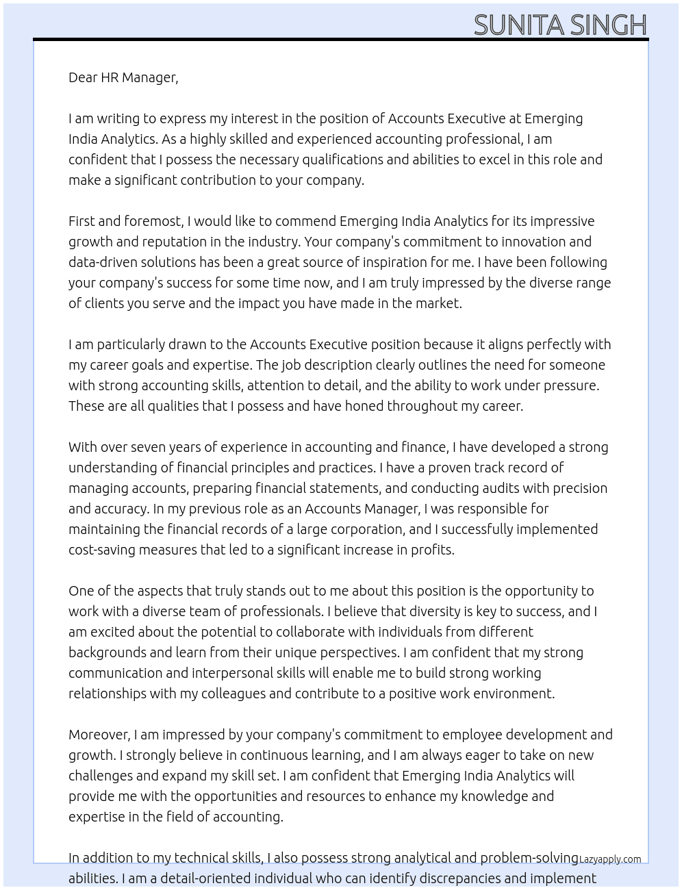ACCOUNTS EXECUTIVE At Emerging India Analytics Cover Letter