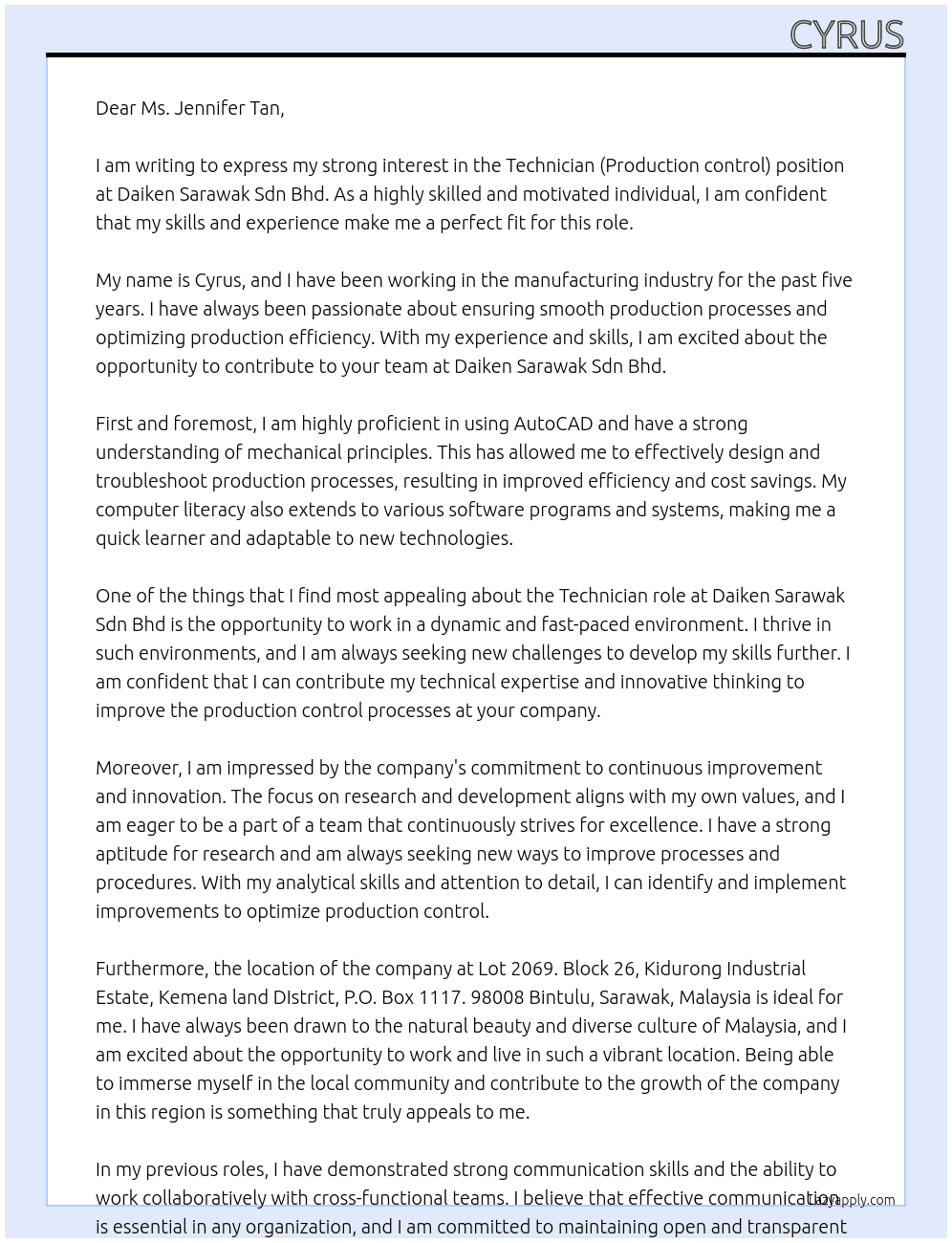 Technician (Production control) At Daiken Sarawak Sdn Bhd Cover Letter
